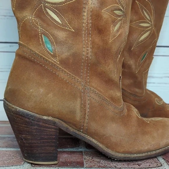 Vintage Acme Cowboy Cowgirl Boots 70's Women's 9.5 Suede Inlay Cutouts Butterfly - Picture 16 of 16
